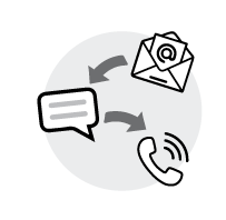 Black and white icon showing arrows connecting email. texts and phone calls